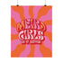 Retro-style poster with psychedelic 1970s-inspired design. Text reads "WEIRD GIRLS DO IT BETTER" in wavy, groovy lettering. Pink and orange sunburst background. Centered text surrounded by curved rays. Bold red frame with scalloped edges. Vibrant colors and playful typography create a vintage hippie vibe. Square format print with rounded corners. Perfect for fans of retro aesthetics and empowering slogans.